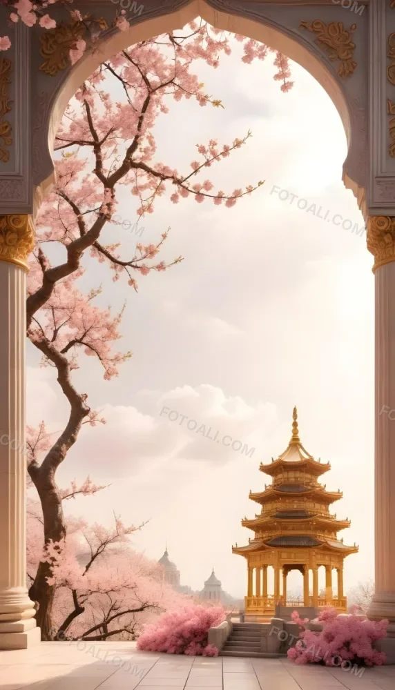 Digital Painting A Golden Domed Temple Or Palace With Intricate Architectural Details Surrounded By A Blooming Cherry Blossom Tree With Pink Flowers Against A Cloudy Sky Background Bold And Slim Lines Brush Strokes 39 E916