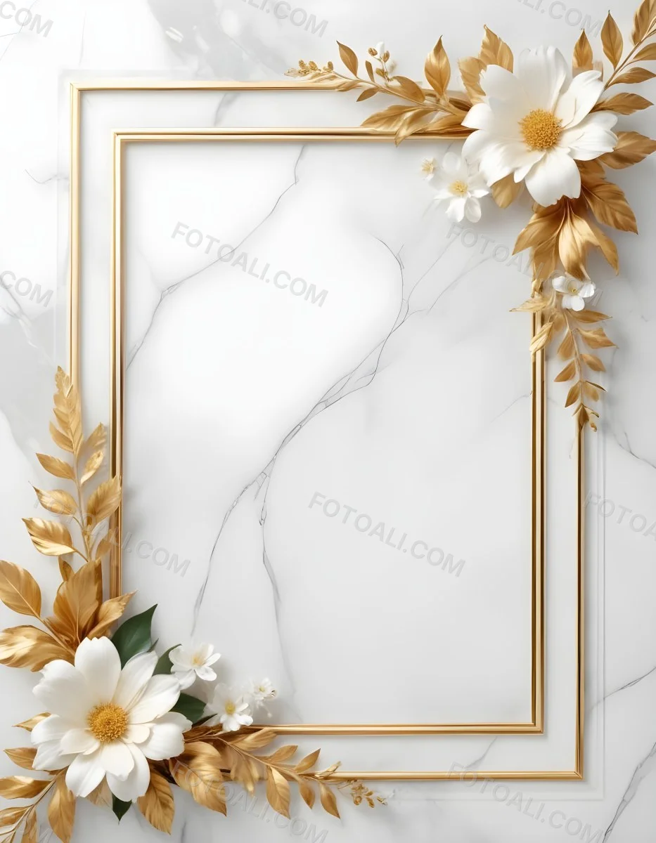 Digital Painting A Golden Floral Frame With White Flowers And Leaves On A White Marble Background Bold And Slim Lines Brush Strokes 10 2b90