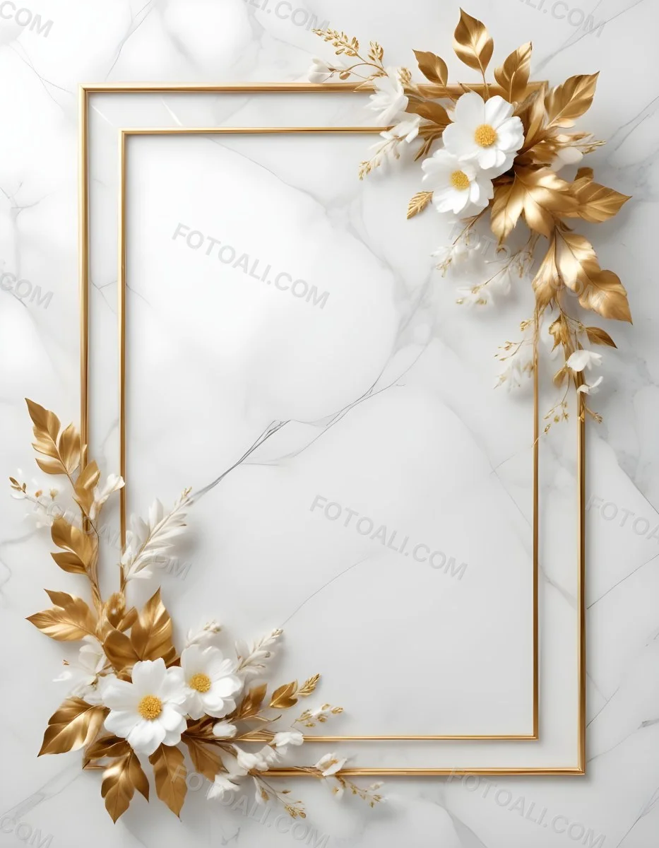 Digital Painting A Golden Floral Frame With White Flowers And Leaves On A White Marble Background Bold And Slim Lines Brush Strokes 14 C8ea