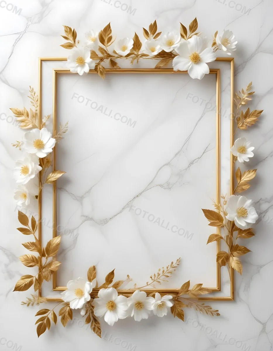 Digital Painting A Golden Floral Frame With White Flowers And Leaves On A White Marble Background Bold And Slim Lines Brush Strokes 16 5bab