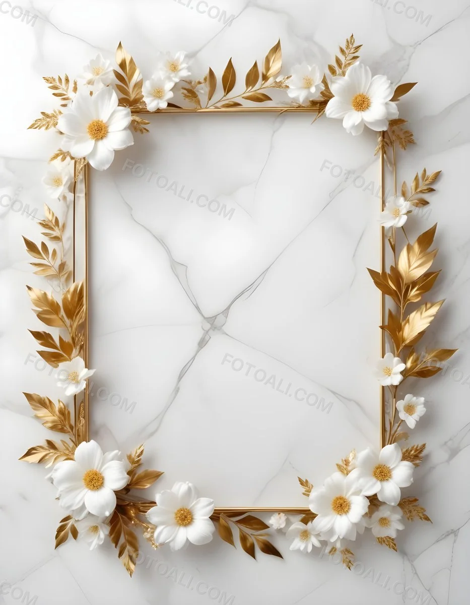 Digital Painting A Golden Floral Frame With White Flowers And Leaves On A White Marble Background Bold And Slim Lines Brush Strokes 18 8471