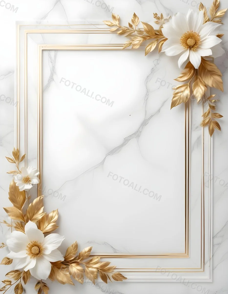 Digital Painting A Golden Floral Frame With White Flowers And Leaves On A White Marble Background Bold And Slim Lines Brush Strokes 20 9d56