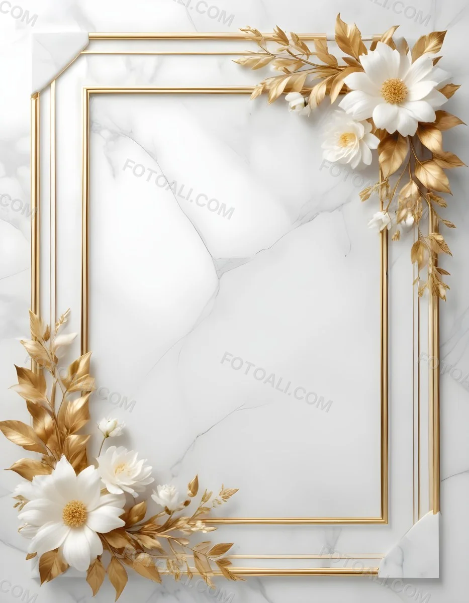 Digital Painting A Golden Floral Frame With White Flowers And Leaves On A White Marble Background Bold And Slim Lines Brush Strokes 24 8a77