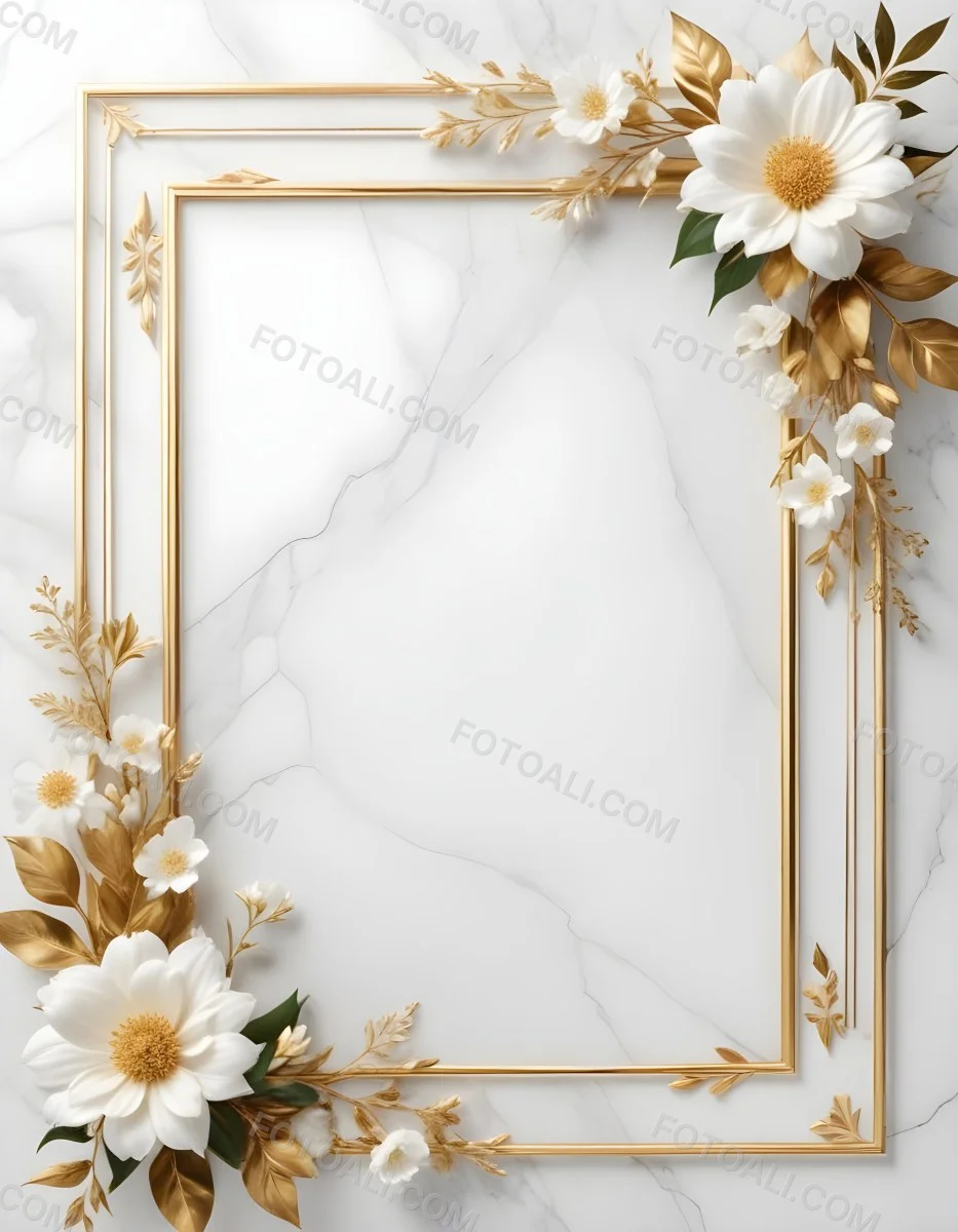 Digital Painting A Golden Floral Frame With White Flowers And Leaves On A White Marble Background Bold And Slim Lines Brush Strokes 28 32e3