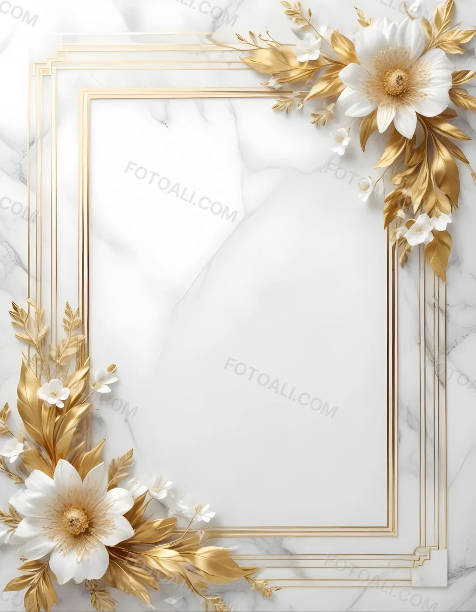 Digital Painting A Golden Floral Frame With White Flowers And Leaves On A White Marble Background Bold And Slim Lines Brush Strokes 3 Bb93