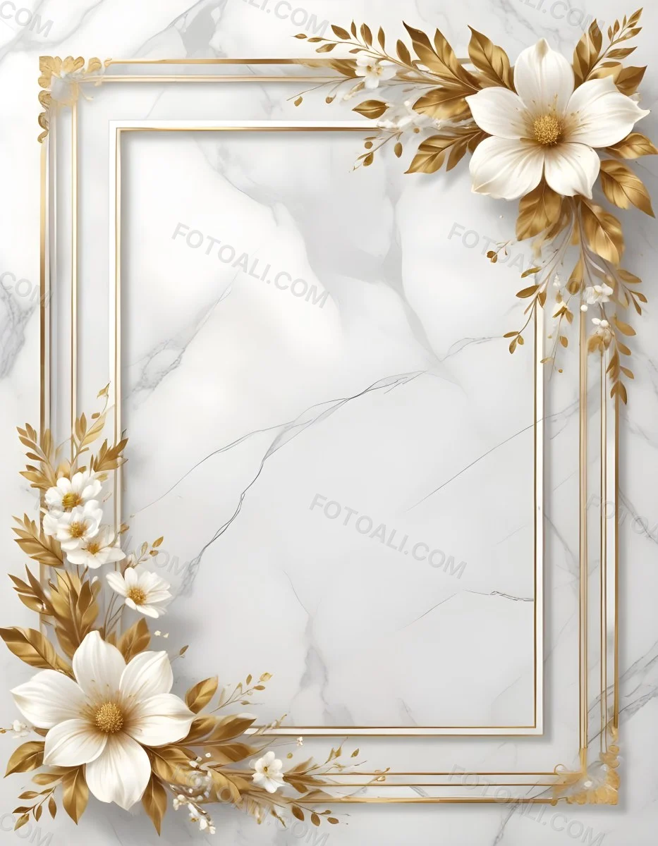 Digital Painting A Golden Floral Frame With White Flowers And Leaves On A White Marble Background Bold And Slim Lines Brush Strokes 33 C34f
