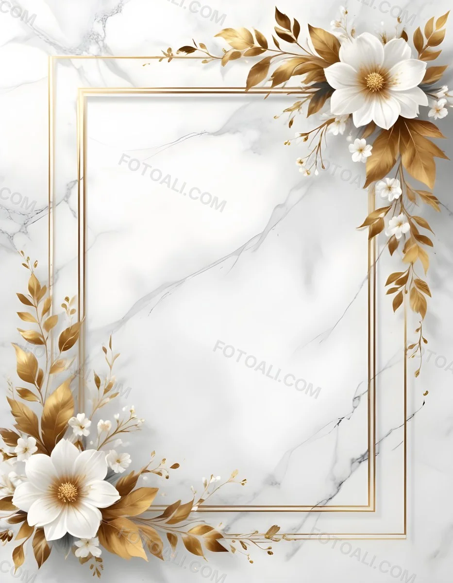 Digital Painting A Golden Floral Frame With White Flowers And Leaves On A White Marble Background Bold And Slim Lines Brush Strokes 37 6edd