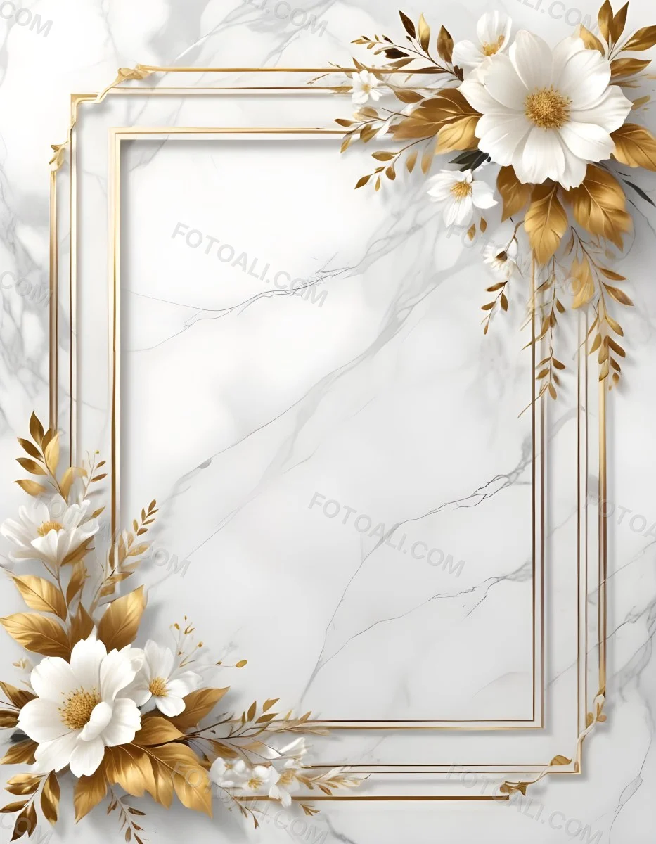 Digital Painting A Golden Floral Frame With White Flowers And Leaves On A White Marble Background Bold And Slim Lines Brush Strokes 38 F806