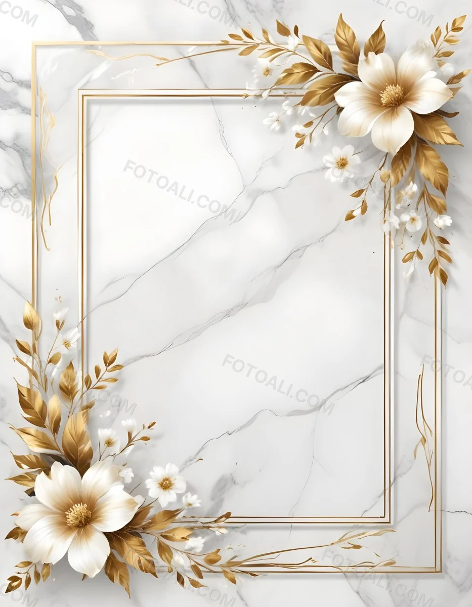 Digital Painting A Golden Floral Frame With White Flowers And Leaves On A White Marble Background Bold And Slim Lines Brush Strokes 39 910e
