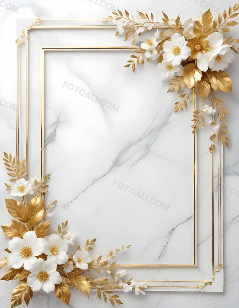 Digital Painting A Golden Floral Frame With White Flowers And Leaves On A White Marble Background Bold And Slim Lines Brush Strokes 4 3506