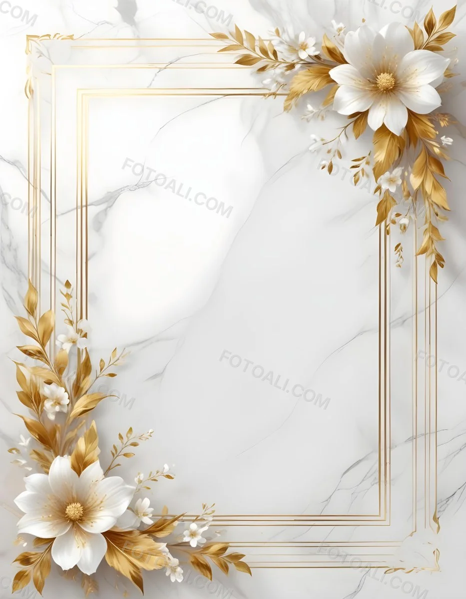 Digital Painting A Golden Floral Frame With White Flowers And Leaves On A White Marble Background Bold And Slim Lines Brush Strokes 40 A3a1