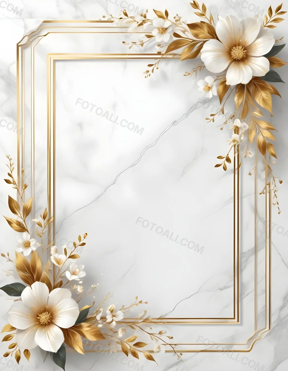 Digital Painting A Golden Floral Frame With White Flowers And Leaves On A White Marble Background Bold And Slim Lines Brush Strokes 41 Eaef
