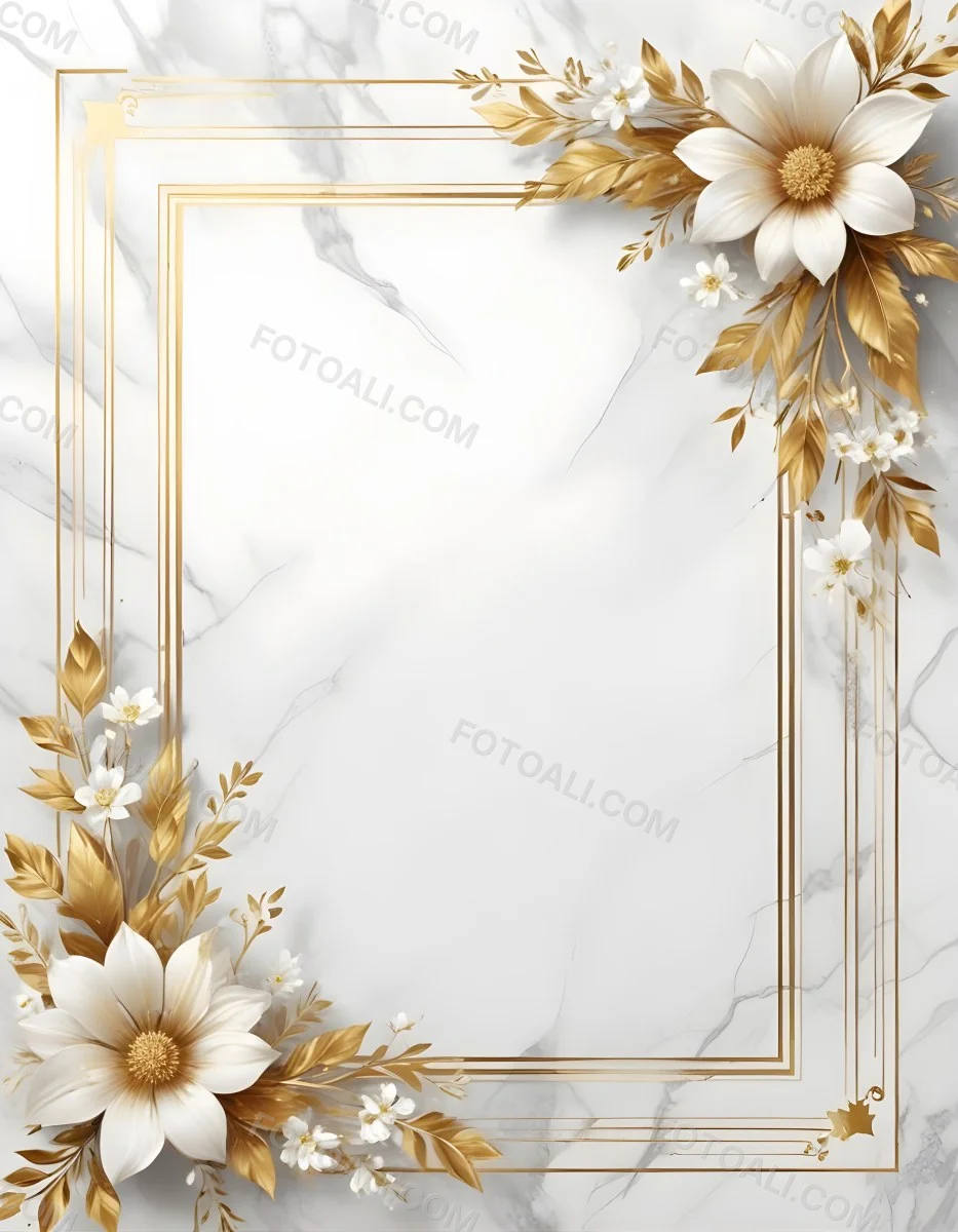 Digital Painting A Golden Floral Frame With White Flowers And Leaves On A White Marble Background Bold And Slim Lines Brush Strokes 42 D277