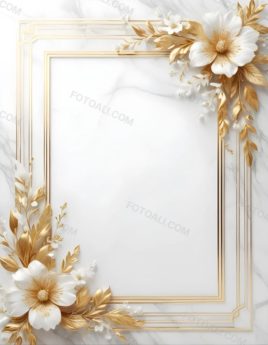 Digital Painting A Golden Floral Frame With White Flowers And Leaves On A White Marble Background Bold And Slim Lines Brush Strokes 43 4ddc
