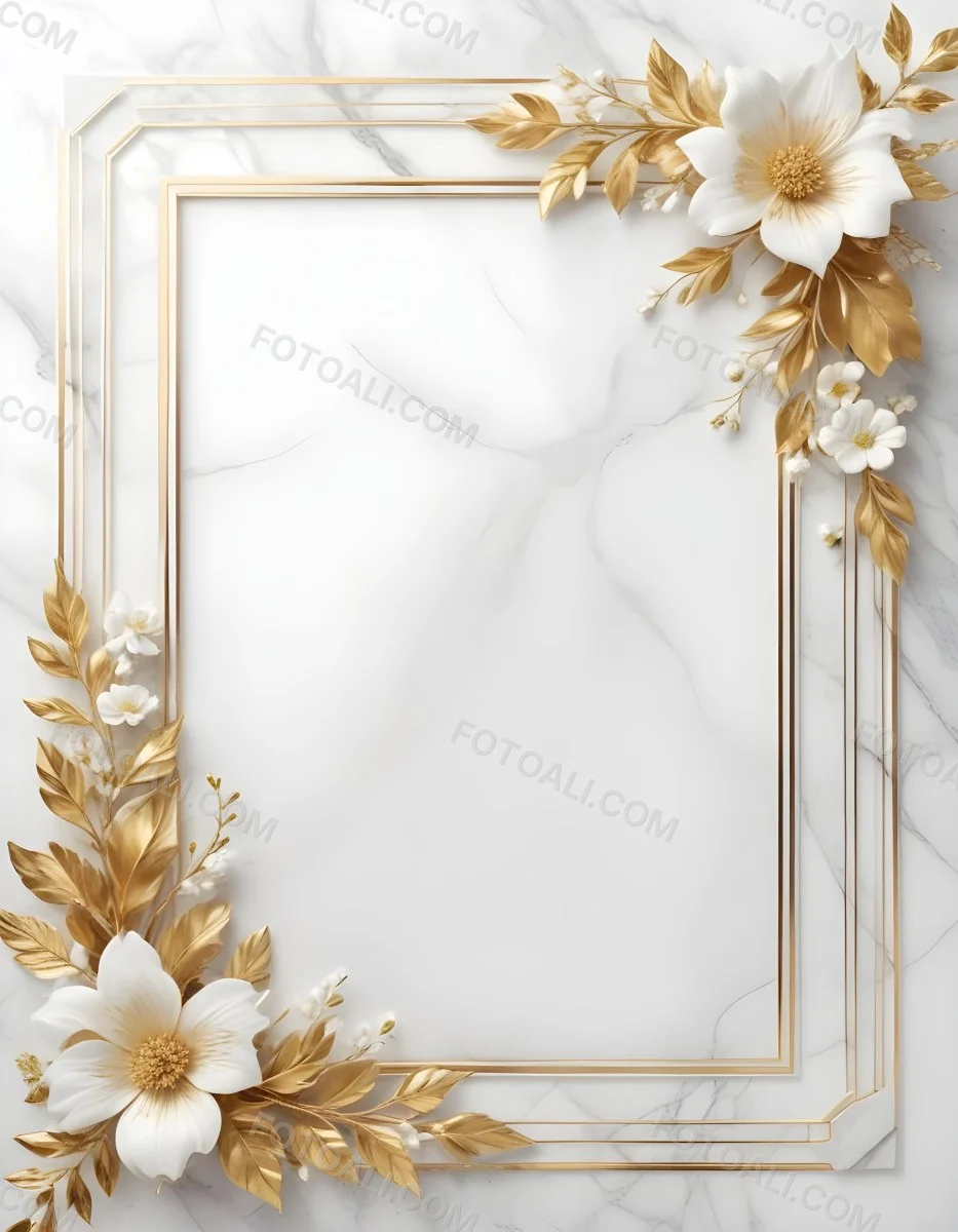 Digital Painting A Golden Floral Frame With White Flowers And Leaves On A White Marble Background Bold And Slim Lines Brush Strokes 5 C659