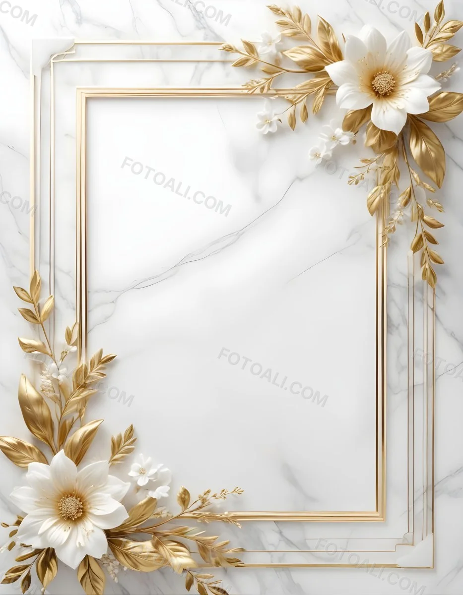 Digital Painting A Golden Floral Frame With White Flowers And Leaves On A White Marble Background Bold And Slim Lines Brush Strokes 6 25ce
