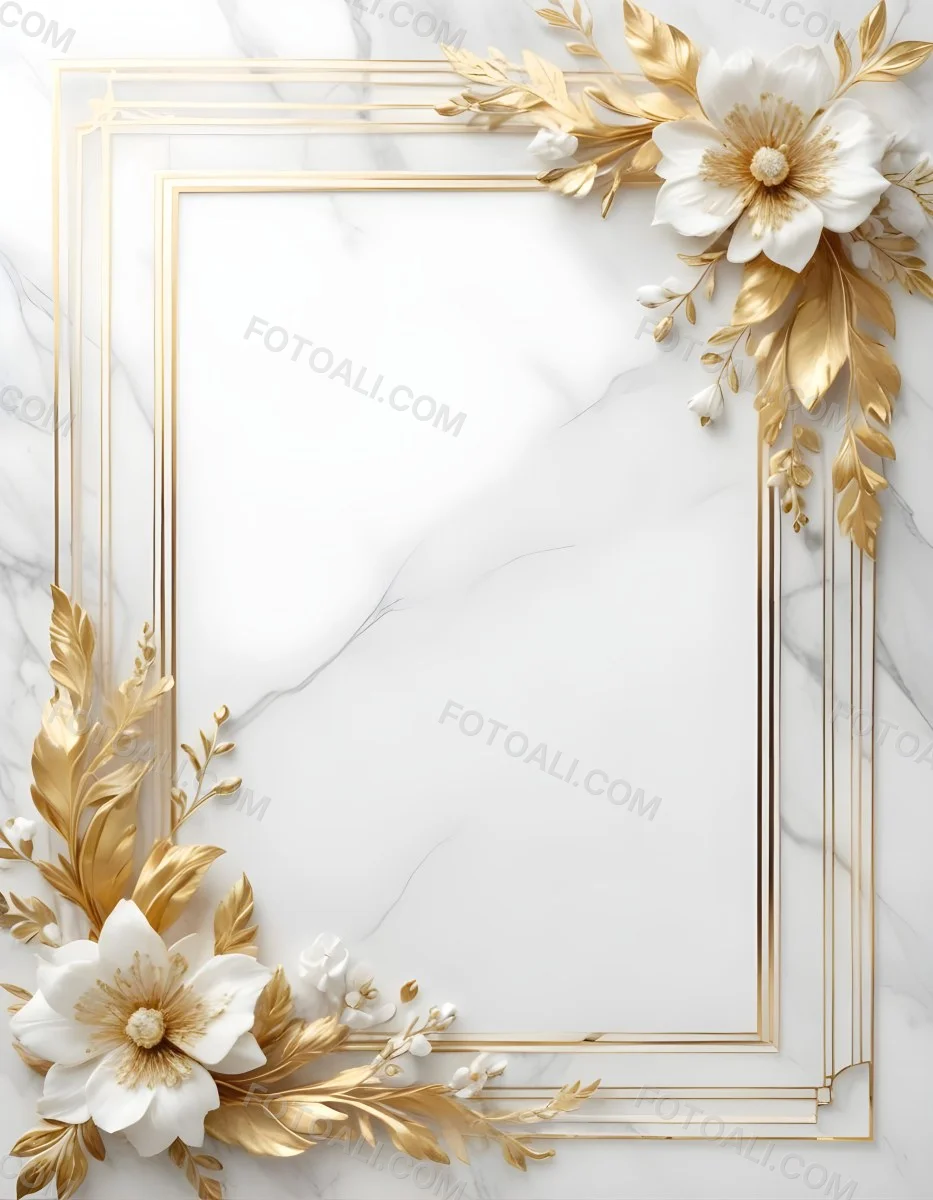 Digital Painting A Golden Floral Frame With White Flowers And Leaves On A White Marble Background Bold And Slim Lines Brush Strokes 7 5869