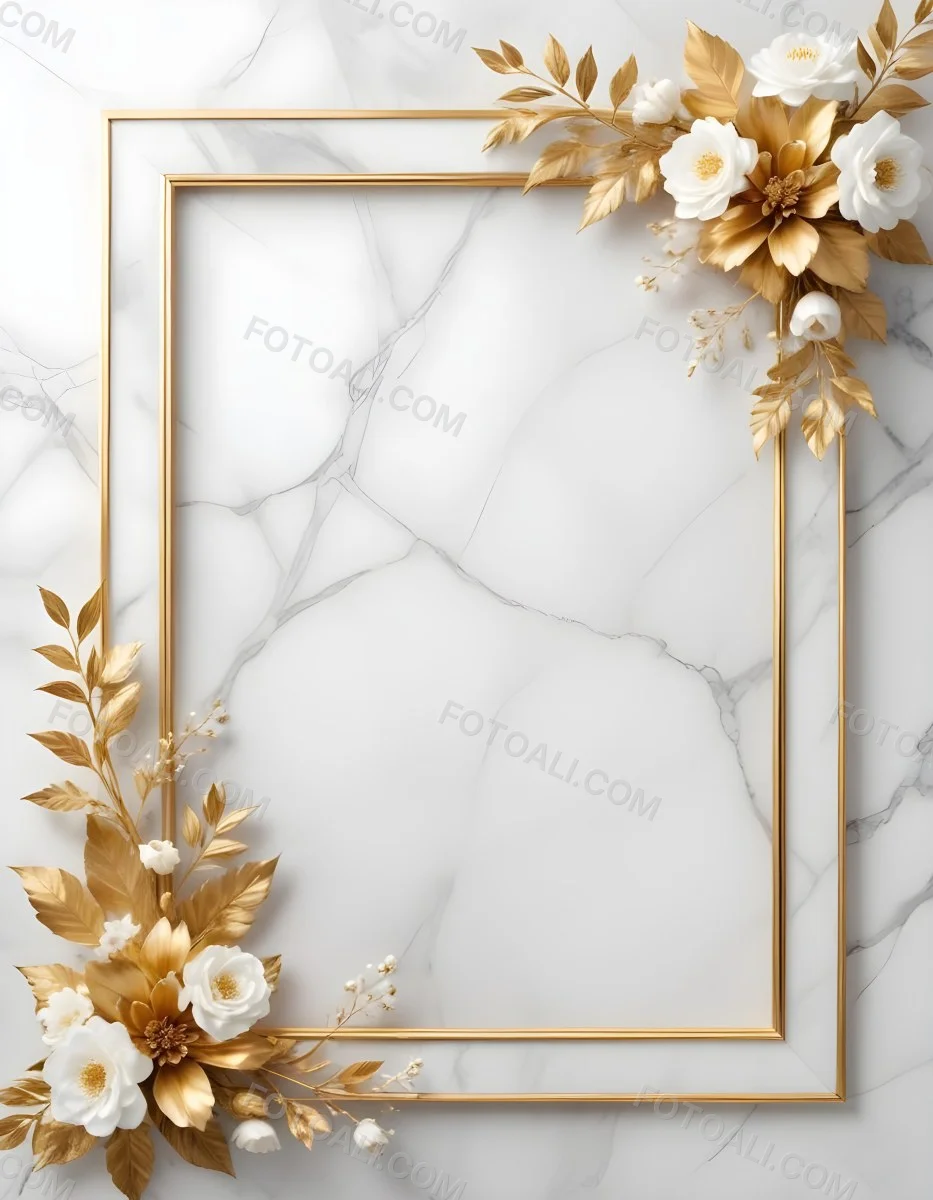 Digital Painting A Golden Floral Frame With White Flowers And Leaves On A White Marble Background Bold And Slim Lines Brush Strokes 8 A4d5