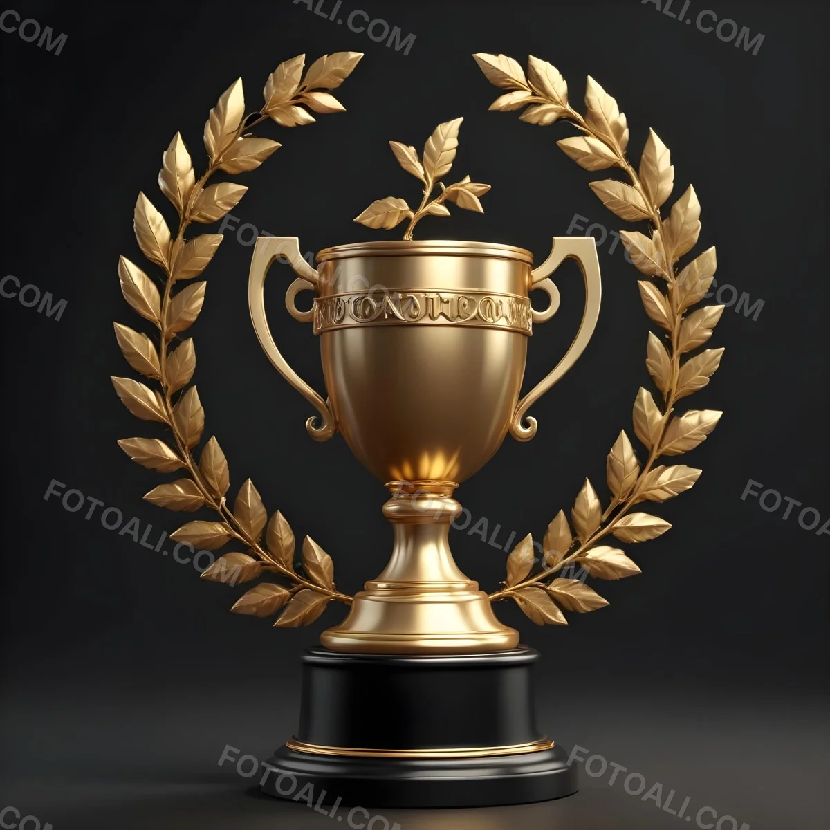 Digital Painting A Golden Trophy On A Golden Base Surrounded By A Black Laurel Wreath The Trophy Has Two Handles And A Shiny Surface Black Background Bold And Slim Lines Brush Strokes 1 D7e1