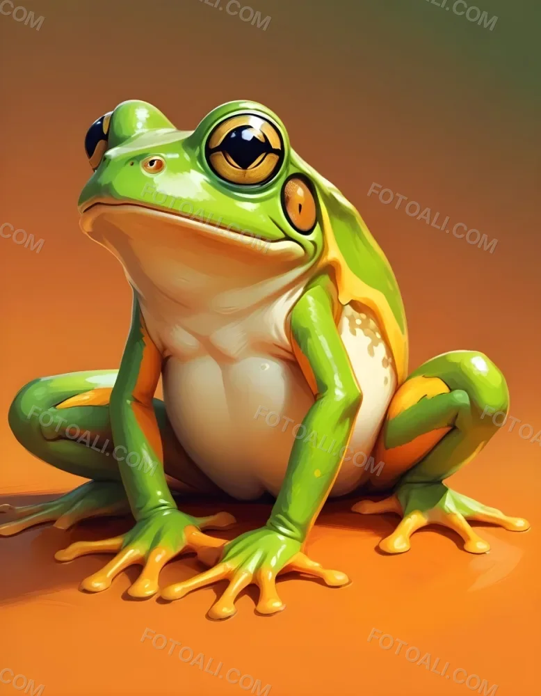 Digital Painting A Green And Yellow Frog With Big White Eyes Sitting Down With A Orange Background Cartoonish Style Bright Colors Smooth Shading Cute And Friendly Bold And Slim Lines Brush Strokes 34 7405
