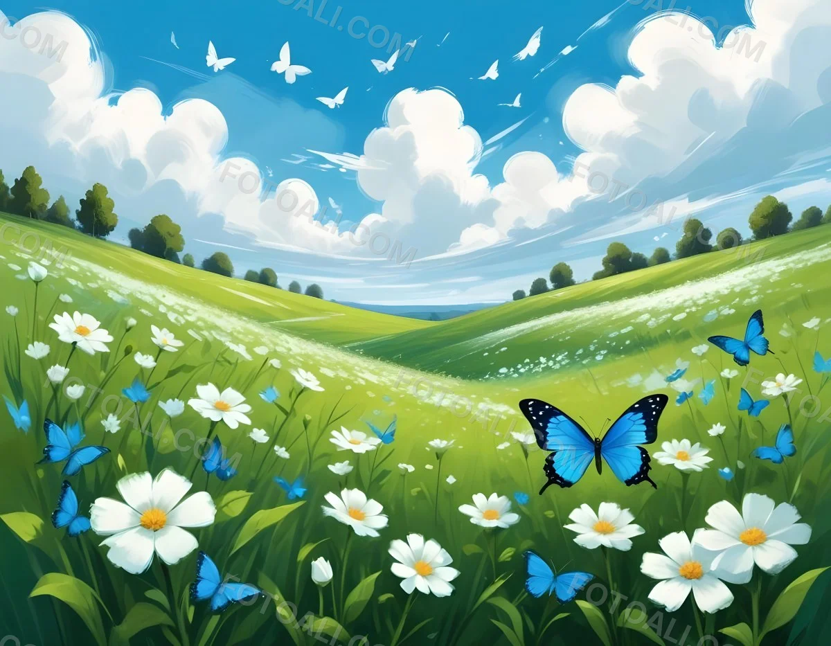 Digital Painting A Green Field With White Flowers And Blue Butterflies Blue Sky With Clouds Bold And Slim Lines Brush Strokes 1 4f19