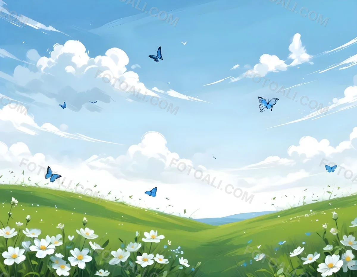 Digital Painting A Green Field With White Flowers And Blue Butterflies Blue Sky With Clouds Bold And Slim Lines Brush Strokes 16 0b30