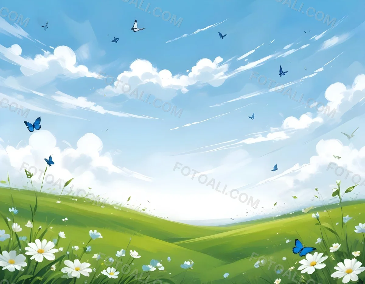 Digital Painting A Green Field With White Flowers And Blue Butterflies Blue Sky With Clouds Bold And Slim Lines Brush Strokes 17 1d2b