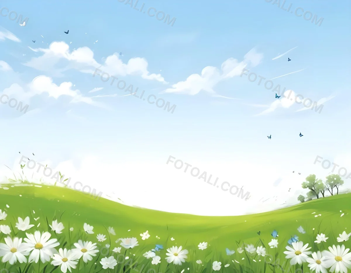Digital Painting A Green Field With White Flowers And Blue Butterflies Blue Sky With Clouds Bold And Slim Lines Brush Strokes 22 6037