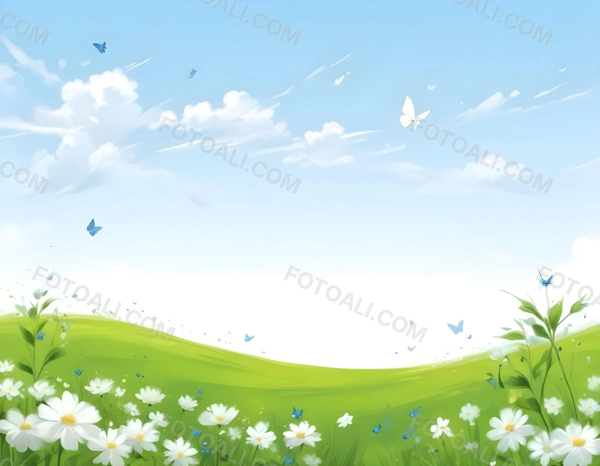 Digital Painting A Green Field With White Flowers And Blue Butterflies Blue Sky With Clouds Bold And Slim Lines Brush Strokes 26 4ee2