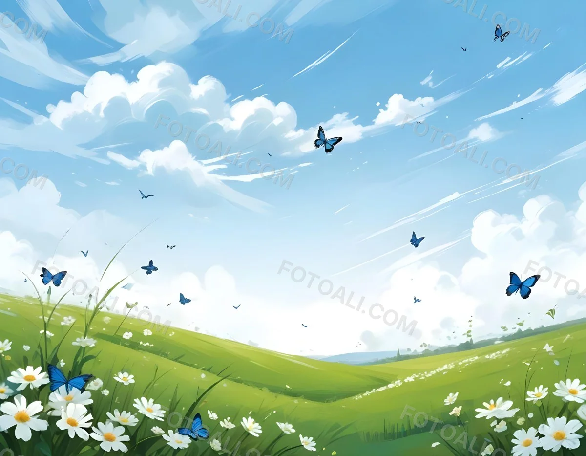 Digital Painting A Green Field With White Flowers And Blue Butterflies Blue Sky With Clouds Bold And Slim Lines Brush Strokes 29 5c9c