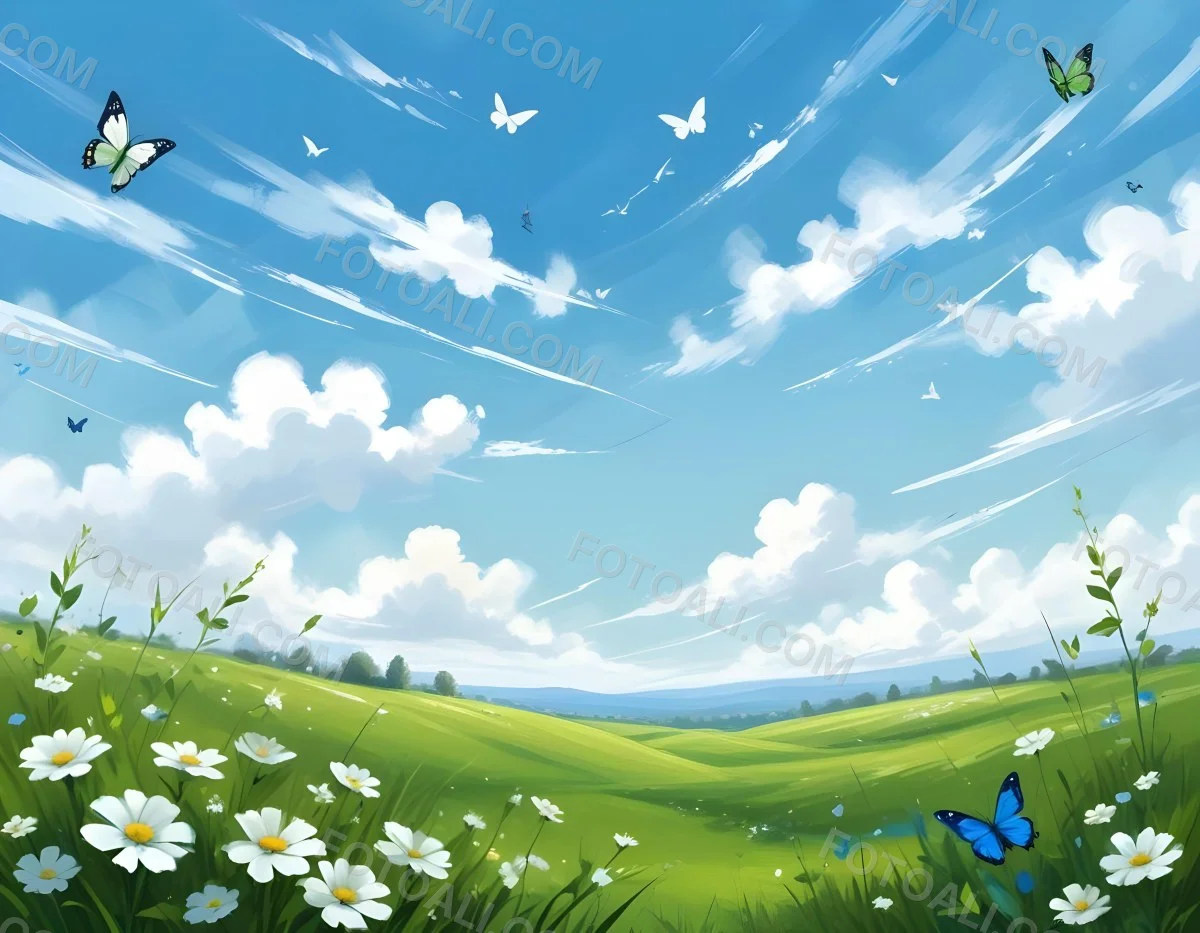 Digital Painting A Green Field With White Flowers And Blue Butterflies Blue Sky With Clouds Bold And Slim Lines Brush Strokes 3 2800