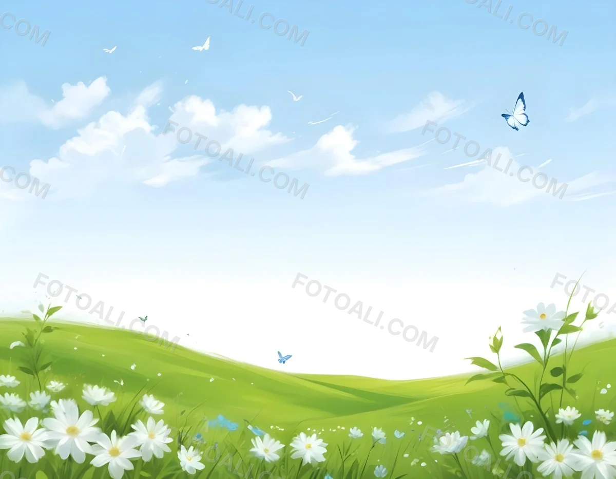 Digital Painting A Green Field With White Flowers And Blue Butterflies Blue Sky With Clouds Bold And Slim Lines Brush Strokes 30 E325