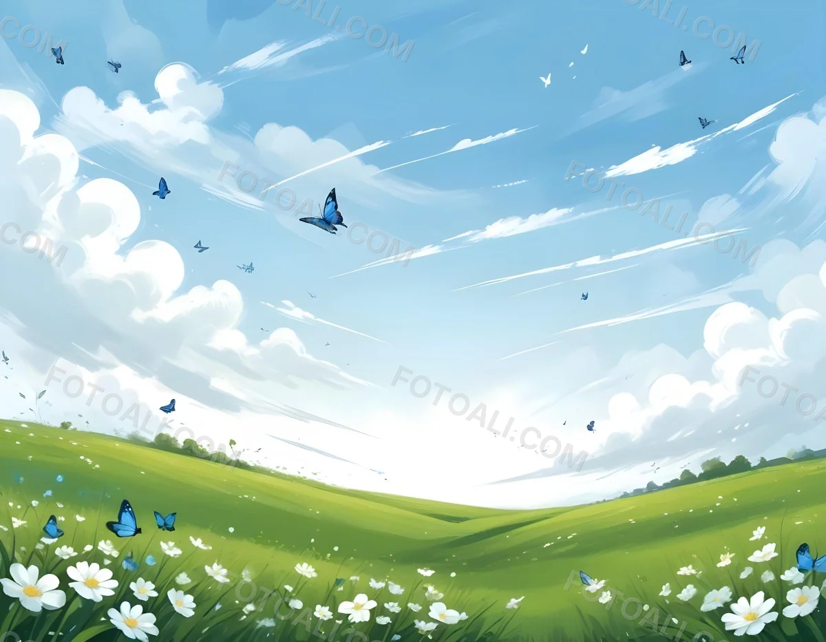 Digital Painting A Green Field With White Flowers And Blue Butterflies Blue Sky With Clouds Bold And Slim Lines Brush Strokes 31 Af38
