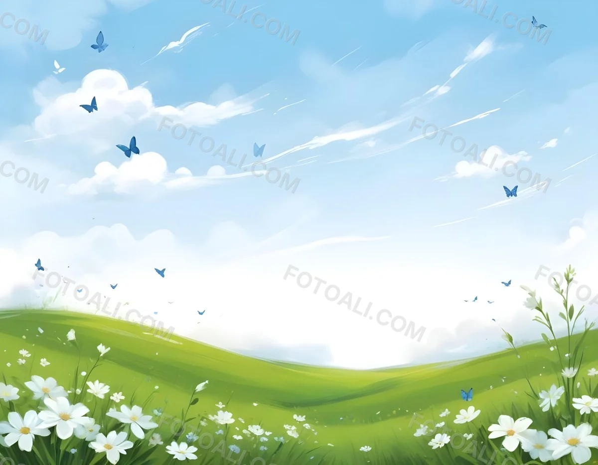 Digital Painting A Green Field With White Flowers And Blue Butterflies Blue Sky With Clouds Bold And Slim Lines Brush Strokes 32 7a1b