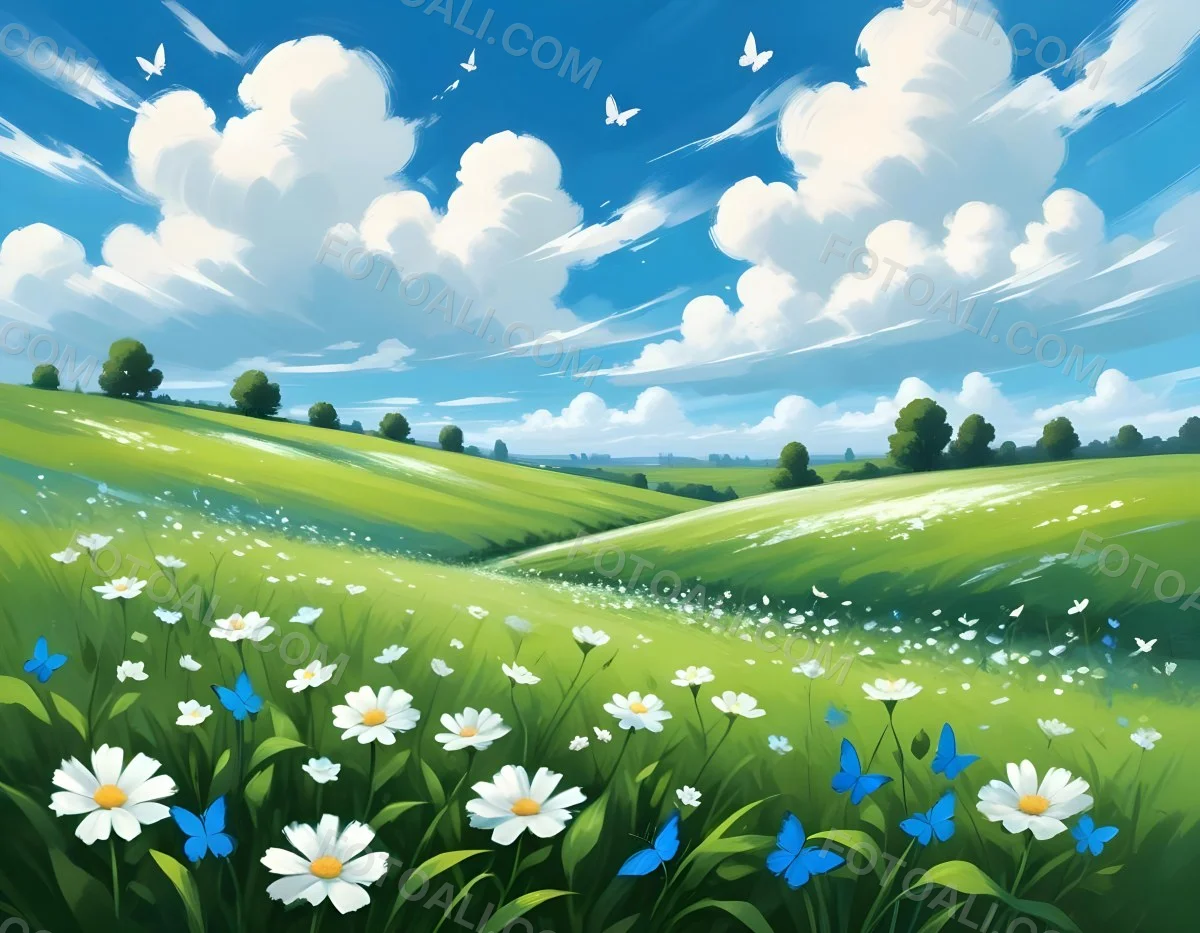Digital Painting A Green Field With White Flowers And Blue Butterflies Blue Sky With Clouds Bold And Slim Lines Brush Strokes 5 3d70