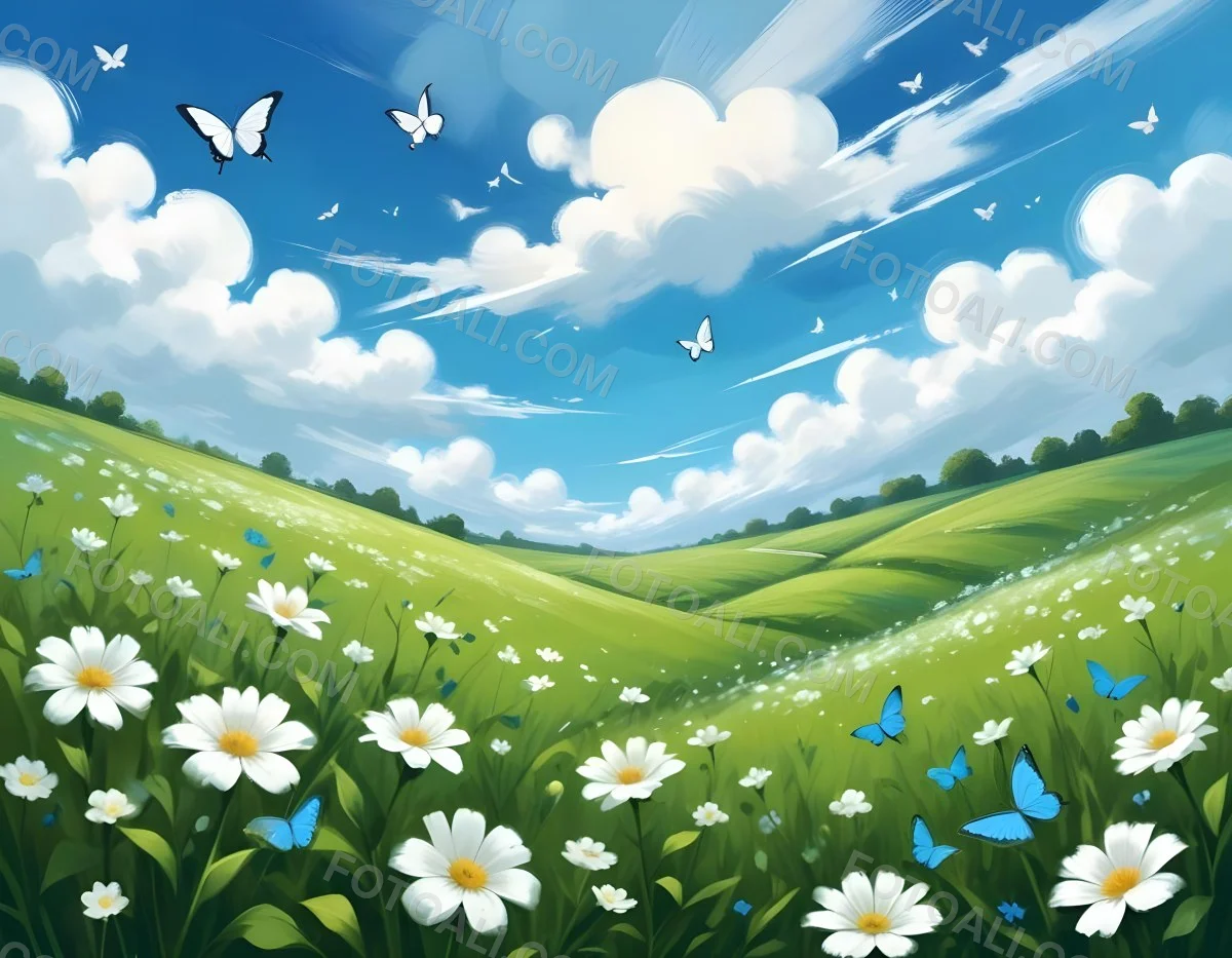 Digital Painting A Green Field With White Flowers And Blue Butterflies Blue Sky With Clouds Bold And Slim Lines Brush Strokes 7 C7cf
