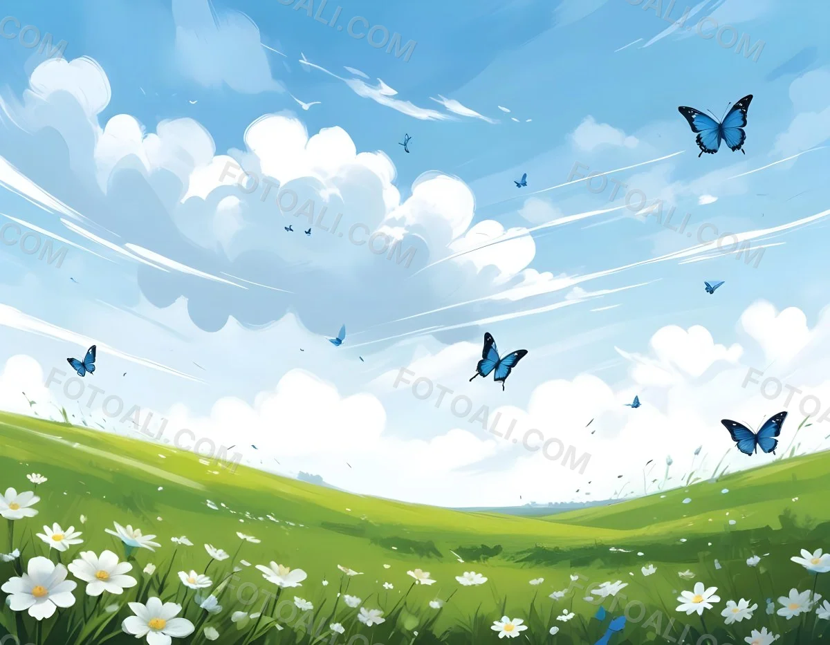 Digital Painting A Green Field With White Flowers And Blue Butterflies Blue Sky With Clouds Bold And Slim Lines Brush Strokes 8 588b
