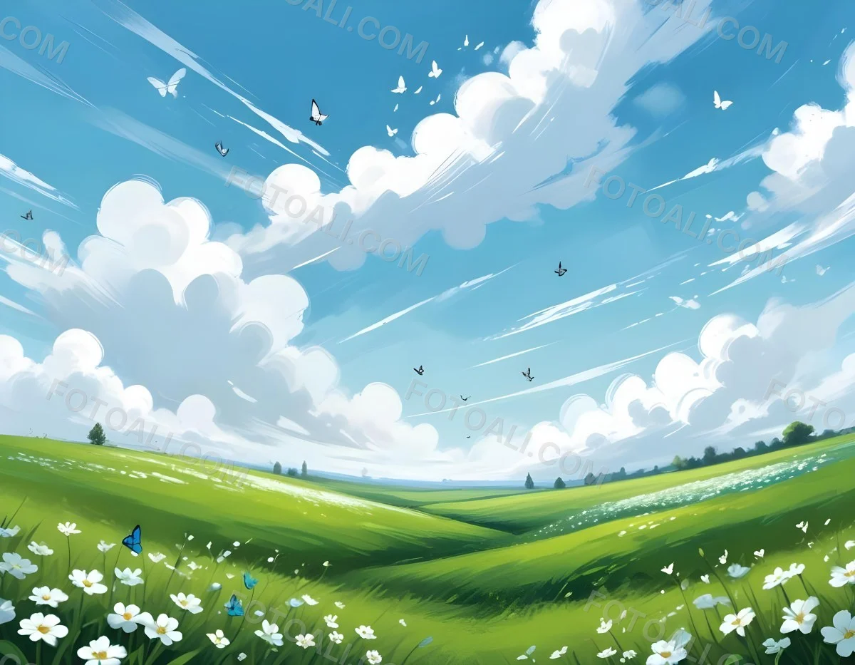 Digital Painting A Green Field With White Flowers And Blue Butterflies Blue Sky With Clouds Bold And Slim Lines Brush Strokes 9 4d14