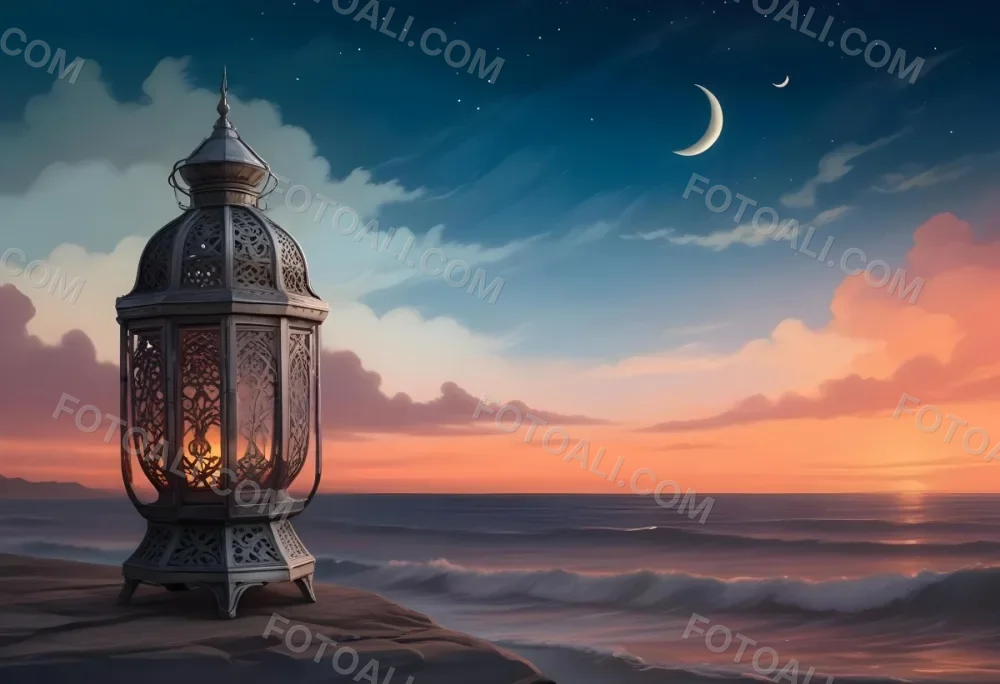 Digital Painting A Highly Detailed Ornate Metal Lantern With Intricate Carvings Set Against A Backdrop Of A Twilight Sky With A Crescent Moon Over The Ocean Bold And Slim Lines Brush Strokes 13 Dea3