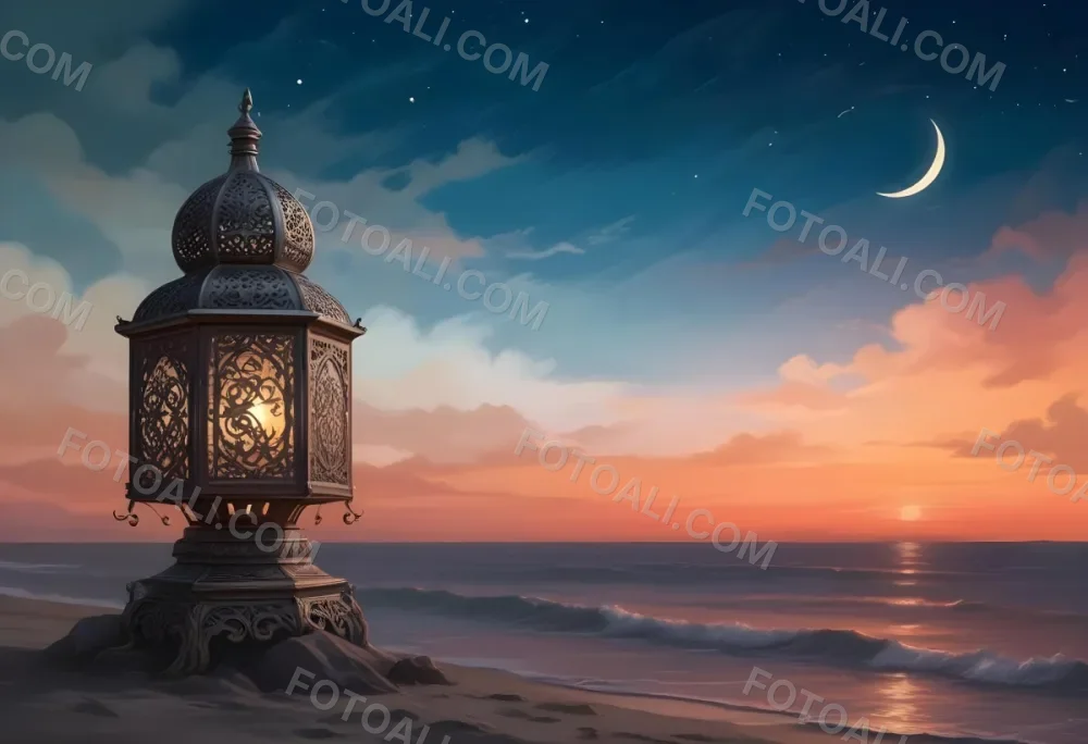 Digital Painting A Highly Detailed Ornate Metal Lantern With Intricate Carvings Set Against A Backdrop Of A Twilight Sky With A Crescent Moon Over The Ocean Bold And Slim Lines Brush Strokes 15 45f2