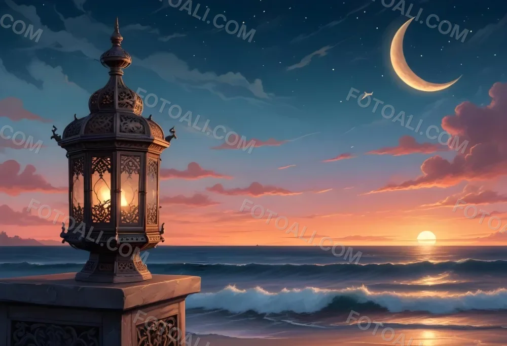 Digital Painting A Highly Detailed Ornate Metal Lantern With Intricate Carvings Set Against A Backdrop Of A Twilight Sky With A Crescent Moon Over The Ocean Bold And Slim Lines Brush Strokes 19 8cfc