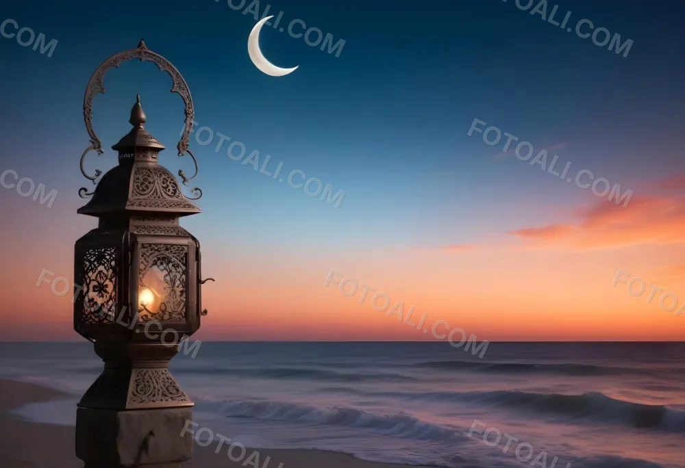 Digital Painting A Highly Detailed Ornate Metal Lantern With Intricate Carvings Set Against A Backdrop Of A Twilight Sky With A Crescent Moon Over The Ocean Bold And Slim Lines Brush Strokes 22 5b4e