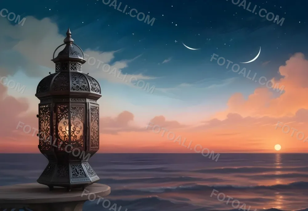 Digital Painting A Highly Detailed Ornate Metal Lantern With Intricate Carvings Set Against A Backdrop Of A Twilight Sky With A Crescent Moon Over The Ocean Bold And Slim Lines Brush Strokes 23 Bca0