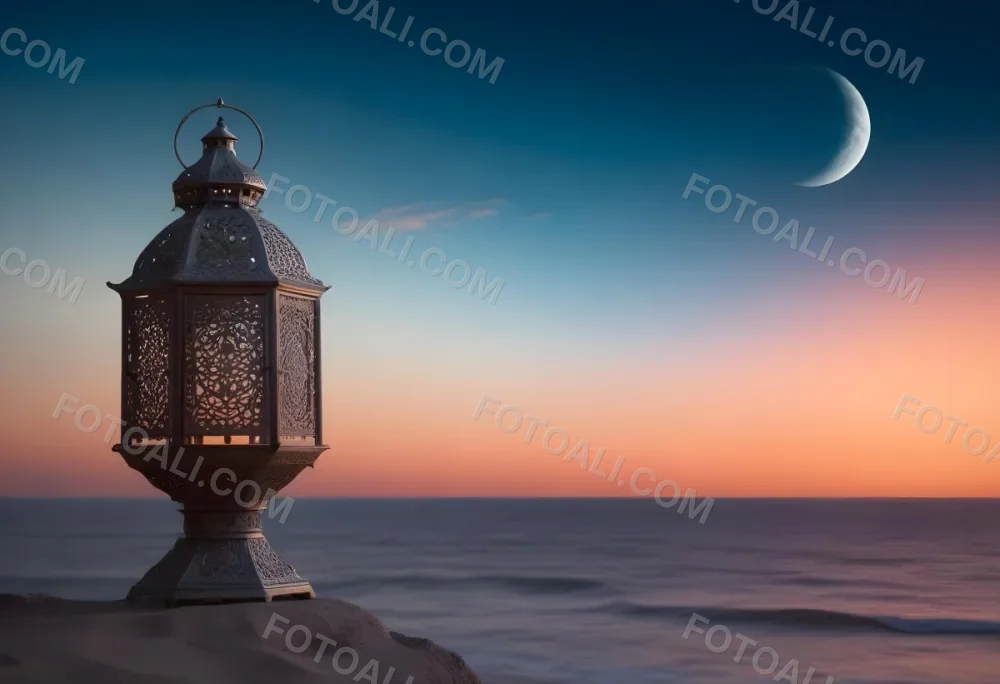 Digital Painting A Highly Detailed Ornate Metal Lantern With Intricate Carvings Set Against A Backdrop Of A Twilight Sky With A Crescent Moon Over The Ocean Bold And Slim Lines Brush Strokes 24 3b47