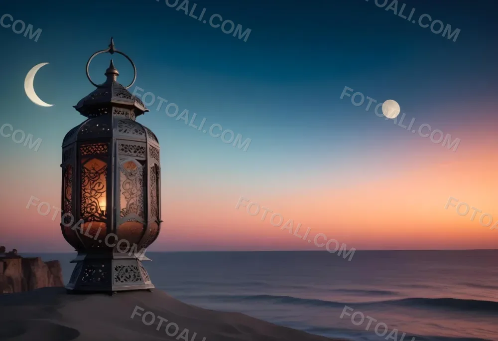 Digital Painting A Highly Detailed Ornate Metal Lantern With Intricate Carvings Set Against A Backdrop Of A Twilight Sky With A Crescent Moon Over The Ocean Bold And Slim Lines Brush Strokes 26 1fd5