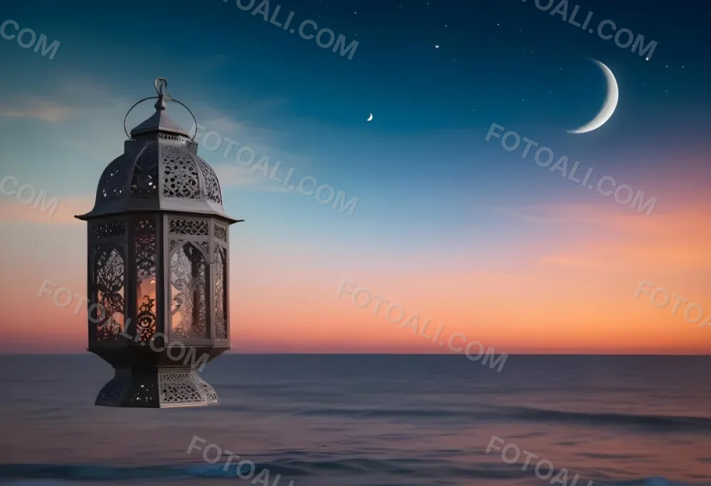 Digital Painting A Highly Detailed Ornate Metal Lantern With Intricate Carvings Set Against A Backdrop Of A Twilight Sky With A Crescent Moon Over The Ocean Bold And Slim Lines Brush Strokes 28 4970