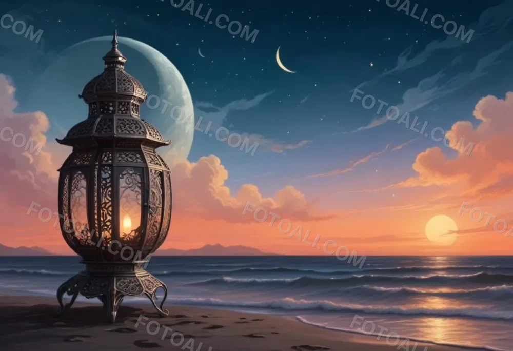 Digital Painting A Highly Detailed Ornate Metal Lantern With Intricate Carvings Set Against A Backdrop Of A Twilight Sky With A Crescent Moon Over The Ocean Bold And Slim Lines Brush Strokes 29 68f8