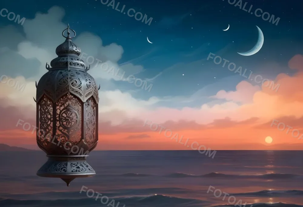 Digital Painting A Highly Detailed Ornate Metal Lantern With Intricate Carvings Set Against A Backdrop Of A Twilight Sky With A Crescent Moon Over The Ocean Bold And Slim Lines Brush Strokes 3 7c2d