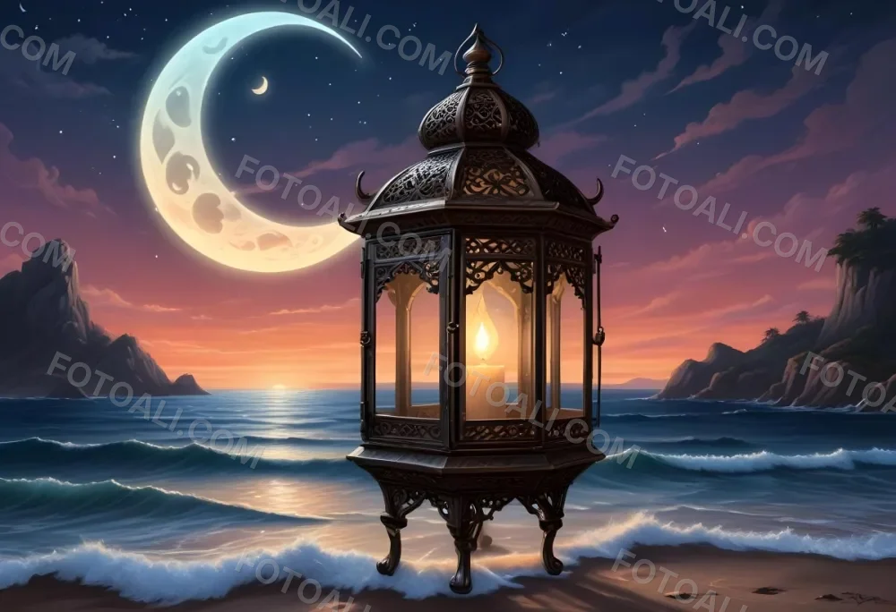 Digital Painting A Highly Detailed Ornate Metal Lantern With Intricate Carvings Set Against A Backdrop Of A Twilight Sky With A Crescent Moon Over The Ocean Bold And Slim Lines Brush Strokes 30 Fd7b