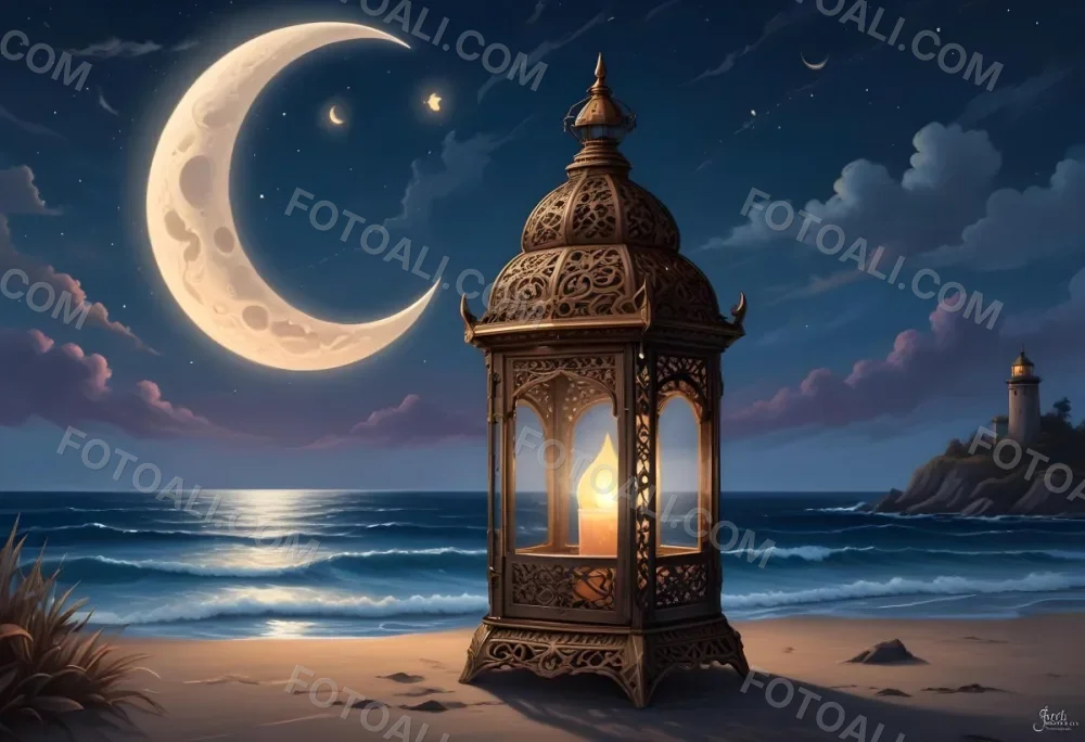 Digital Painting A Highly Detailed Ornate Metal Lantern With Intricate Carvings Set Against A Backdrop Of A Twilight Sky With A Crescent Moon Over The Ocean Bold And Slim Lines Brush Strokes 31 F0dc